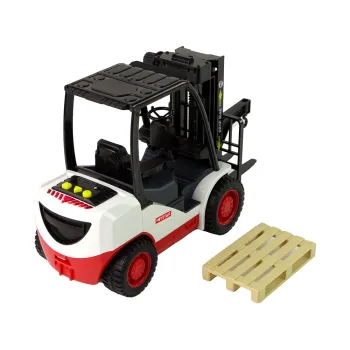 Widok zabawki wózka widłowego z napędzanymi tylnymi kołami