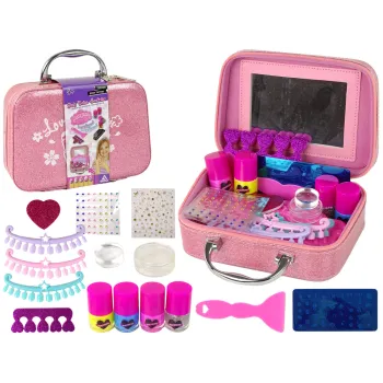 walizka z różowym brokatem dla małej stylistki paznokci