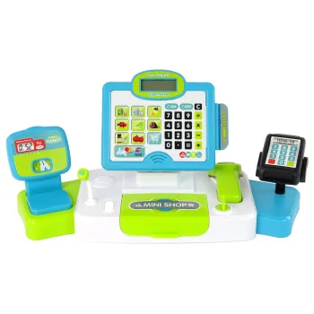 Zestaw kasa sklepowa, pieniądze i produkty spożywcze dla maluchów