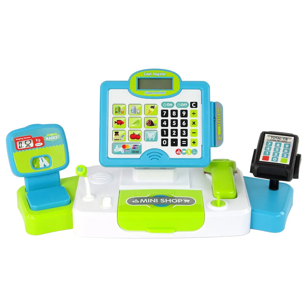 Zestaw kasa sklepowa, pieniądze i produkty spożywcze dla maluchów