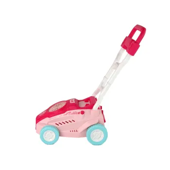 Interaktywna kosiarka różowa w akcji z kolorowymi bańkami