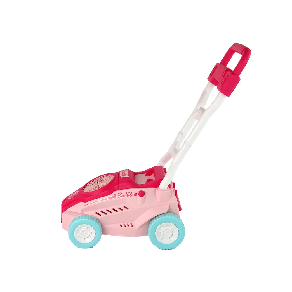 Interaktywna kosiarka różowa w akcji z kolorowymi bańkami