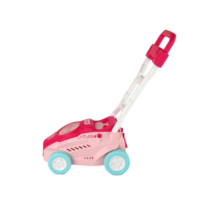 Interaktywna kosiarka różowa w akcji z kolorowymi bańkami