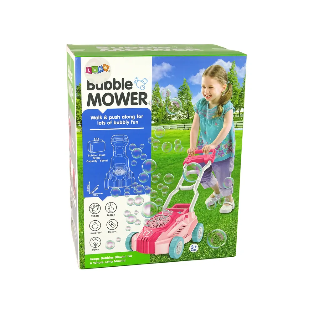 Duża różowa kosiarka do baniek mydlanych gotowa do zabawy