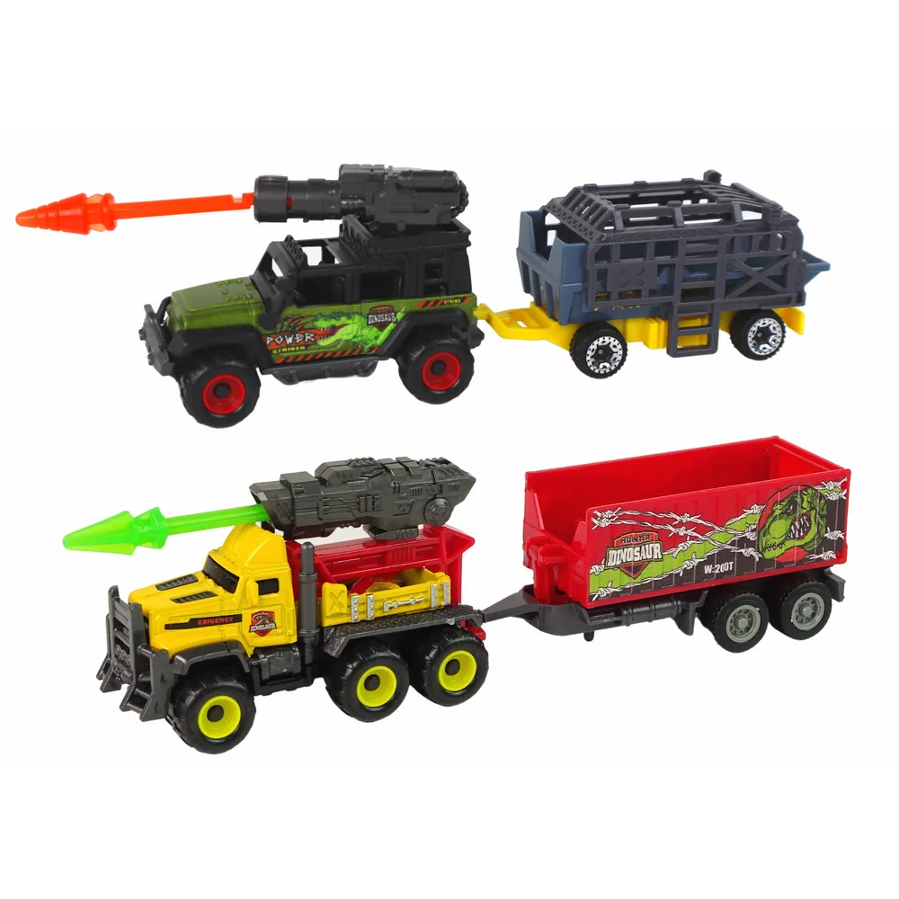 Kompletny zestaw do zabawy – pojazdy, dinozaury i przyczepy
