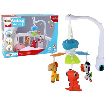 Karuzela łóżeczkowa niebieska z trzema pluszakami obracająca się nad łóżkiem