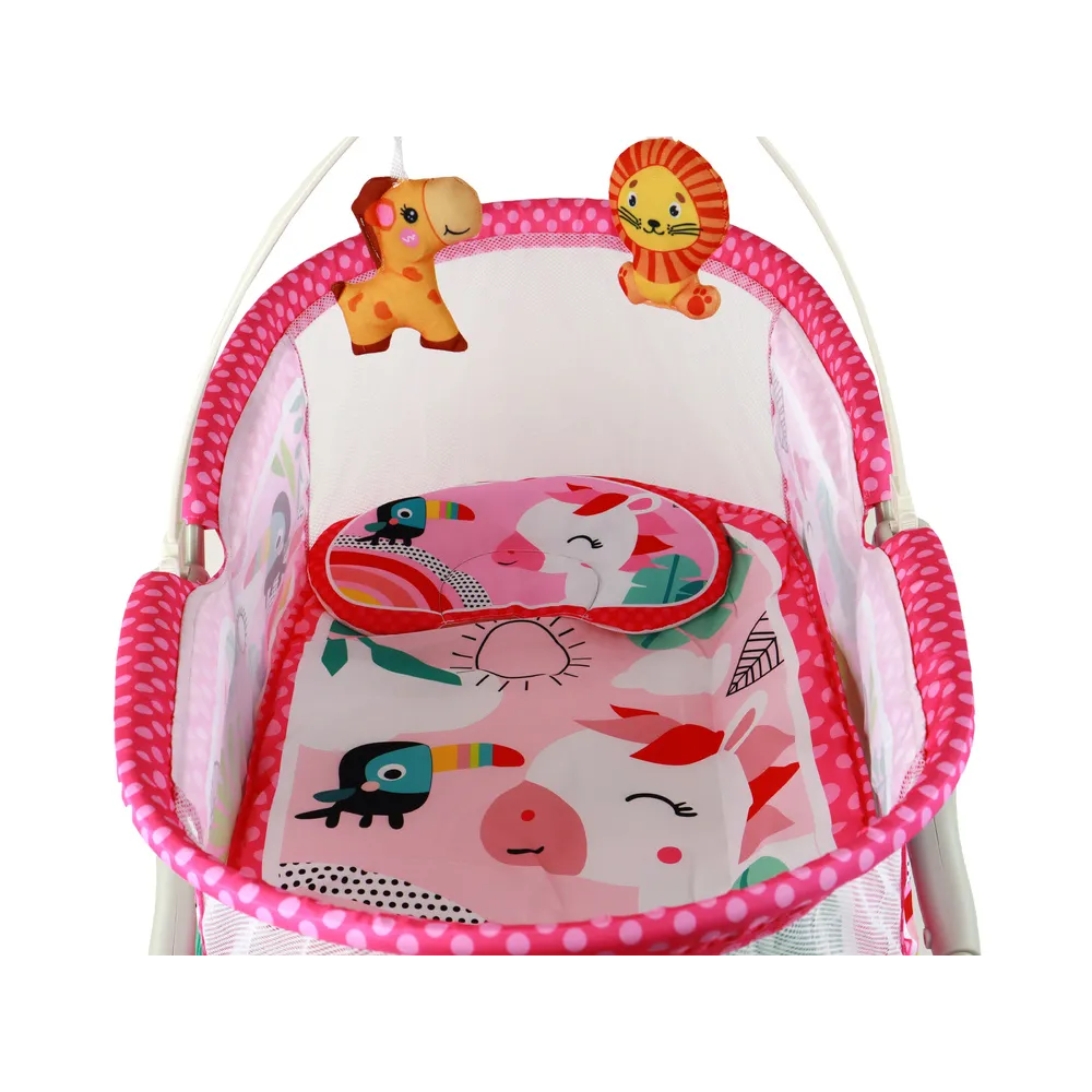 Przenośny bujaczek różowy z motywem zwierzątek do zabawy i snu