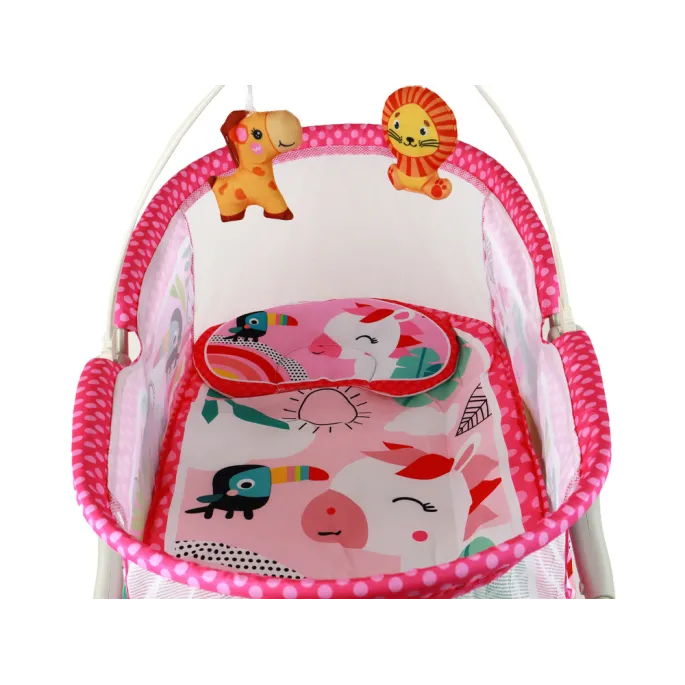 Przenośny bujaczek różowy z motywem zwierzątek do zabawy i snu