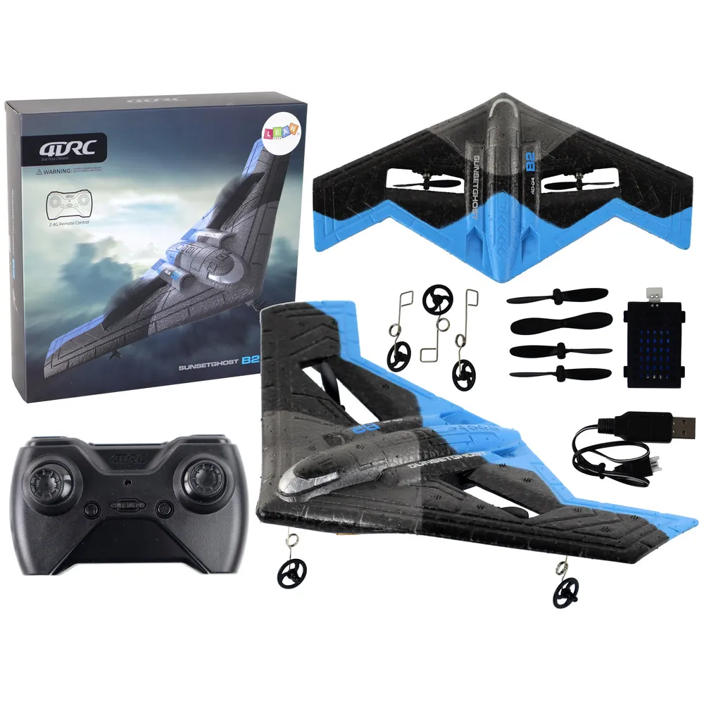 Samolot R/C 4D-G4 z niebieskimi światłami w trakcie lotu