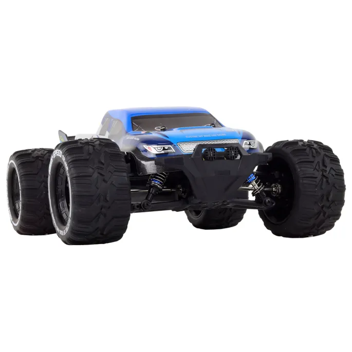 Efektowne światła LED na masce niebieskiego auta terenowego RC Rabbits