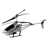 Srebrny śmigłowiec RC 66 cm na trawie z pilotem w tle