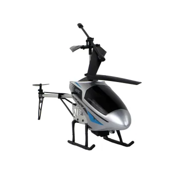 Pilot zdalnego sterowania i statyw na telefon obok helikoptera RC