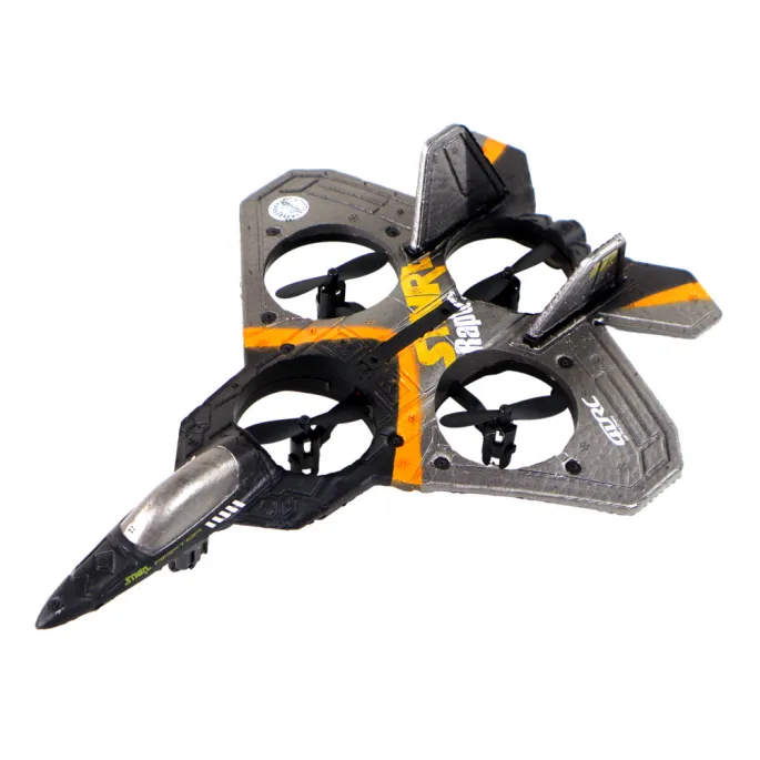 Srebrny samolot RC z pilotem oraz akcesoriami obok zestawu