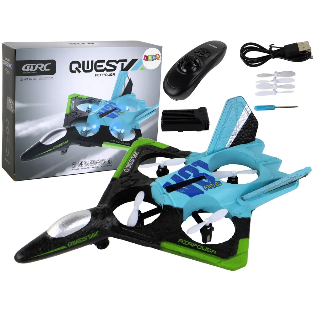 Niebieski samolot RC z kolorowymi światłami podczas lotu