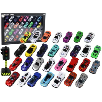 Zestaw 30 aluminiowych autek sportowych i policyjnych w pudełku