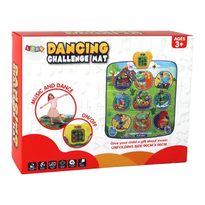 Zbliżenie na świecące kafelki i motyw dinozaurów na macie tanecznej