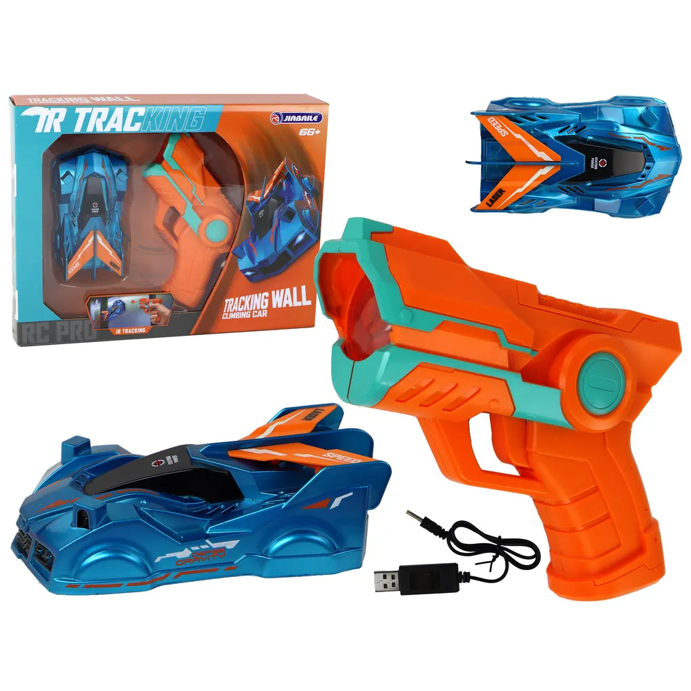 Niebieski samochód jeżdżący po ścianach na laser w trakcie jazdy po ścianie