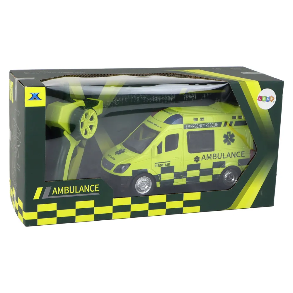 Pudełko z zabawkowym, żółtym ambulansem medycznym dla dzieci