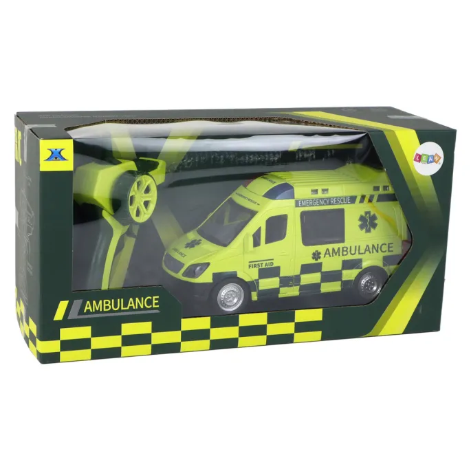Pudełko z zabawkowym, żółtym ambulansem medycznym dla dzieci