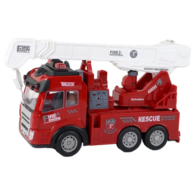 Model straży pożarnej z wysuwanym dźwigiem podczas zabawy dziecka