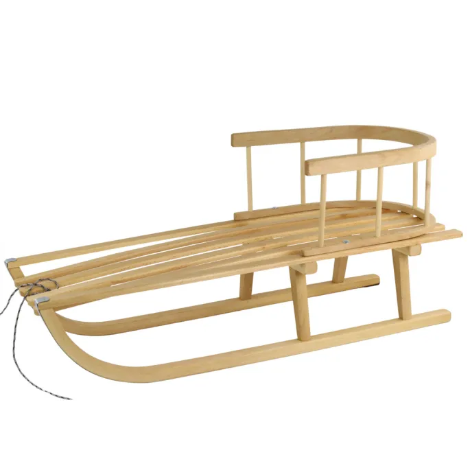 Duże sanki drewniane z metalowymi płozami i sznurkiem do ciągnięcia