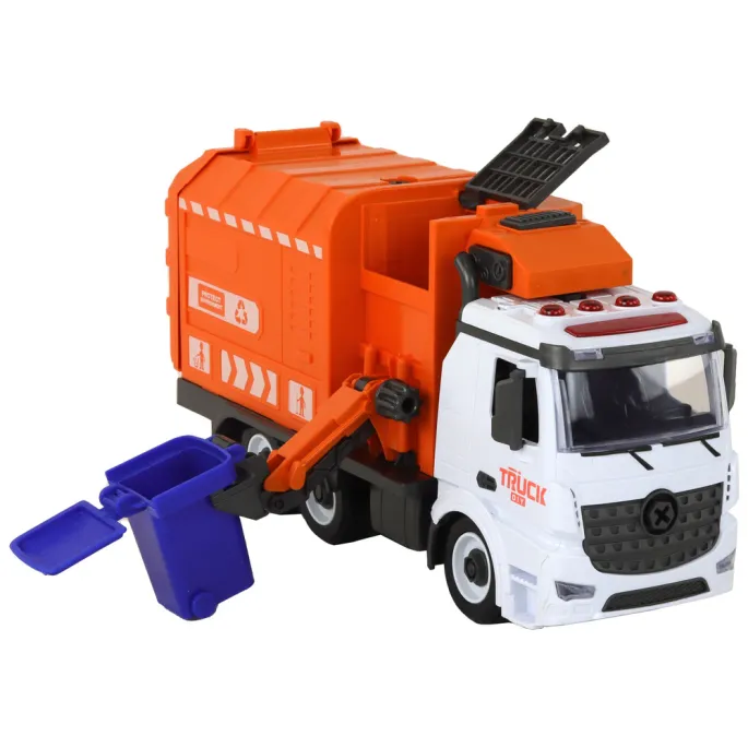 Pomarańczowo-biała śmieciarka edukacyjna z napędem frykcyjnym i śrubokrętem