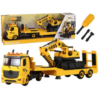 Żółta laweta do składania z koparką gąsienicową dla dzieci