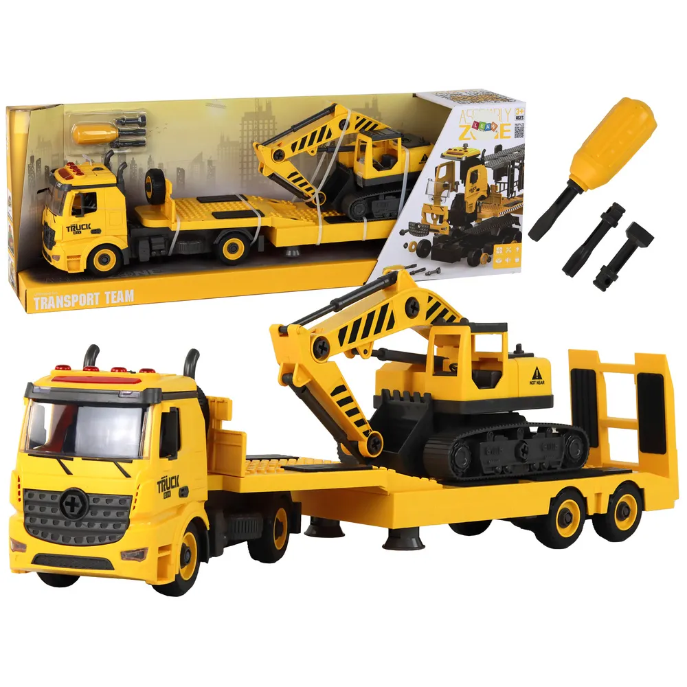 Żółta laweta do składania z koparką gąsienicową dla dzieci