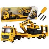 Żółta laweta do składania z koparką gąsienicową dla dzieci