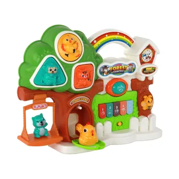 Pianinko muzyczne z figurkami ptaszka i misia na tle leśnej scenerii