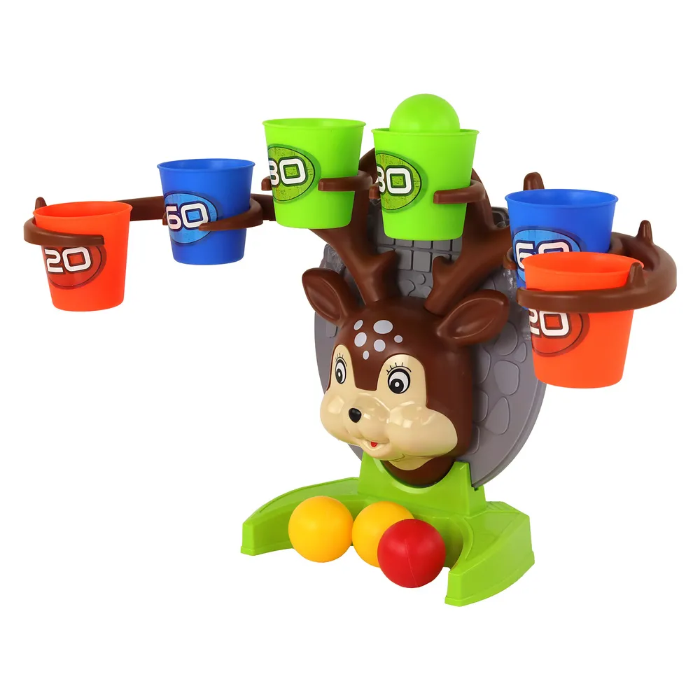 Kolorowe piłeczki i kubeczki do gry zręcznościowej z motywem jelonka