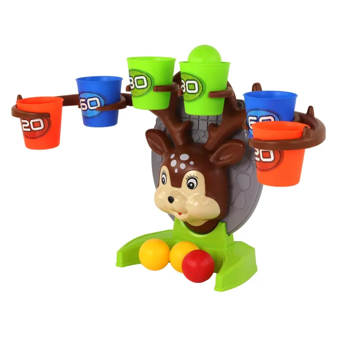 Kolorowe piłeczki i kubeczki do gry zręcznościowej z motywem jelonka