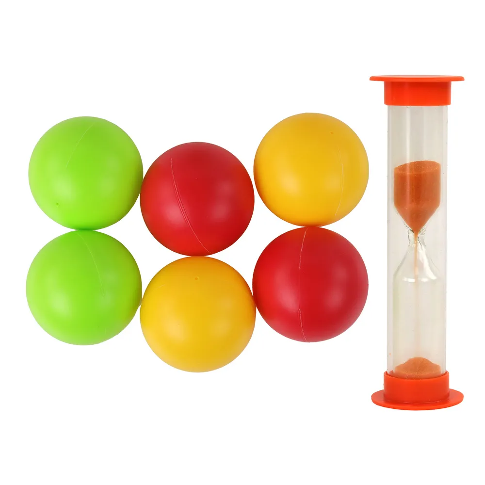Akcesoria: piłeczki, kubeczki i klepsydra do gry rodzinnej Jelonek