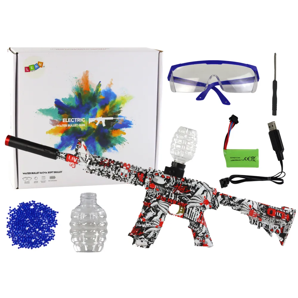 Elektryczny karabin na kulki wodne z czerwonym motywem graffiti na białym tle