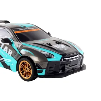 Duże zdalnie sterowane auto sportowe w kolorze turkusowo-czarnym z detalami