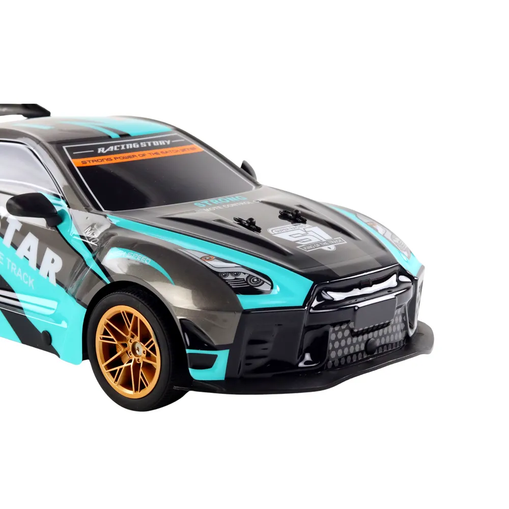 Duże zdalnie sterowane auto sportowe w kolorze turkusowo-czarnym z detalami