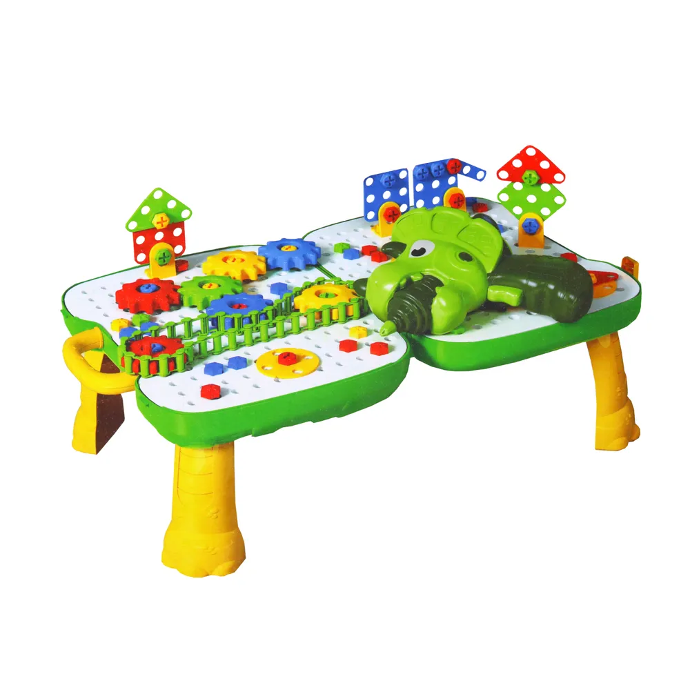 Zestaw klocków z jasnymi kolorami i praktycznym stolikiem do zabawy