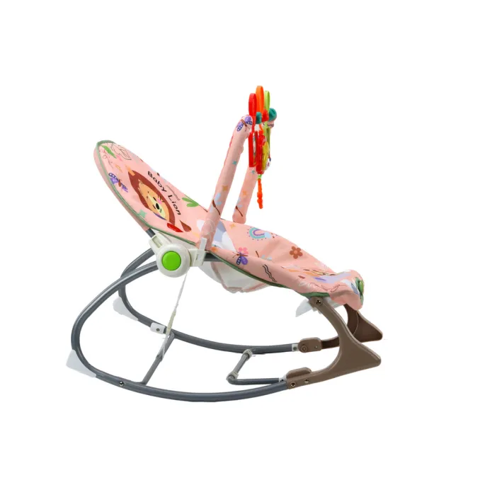 Różowy bujak dla niemowlaka z regulowanym oparciem i kolorowymi zawieszkami