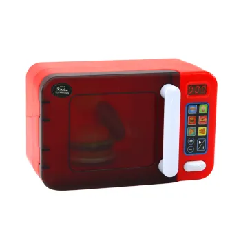 Czerwona kuchenka mikrofalowa dla dzieci z zestawem jedzenia
