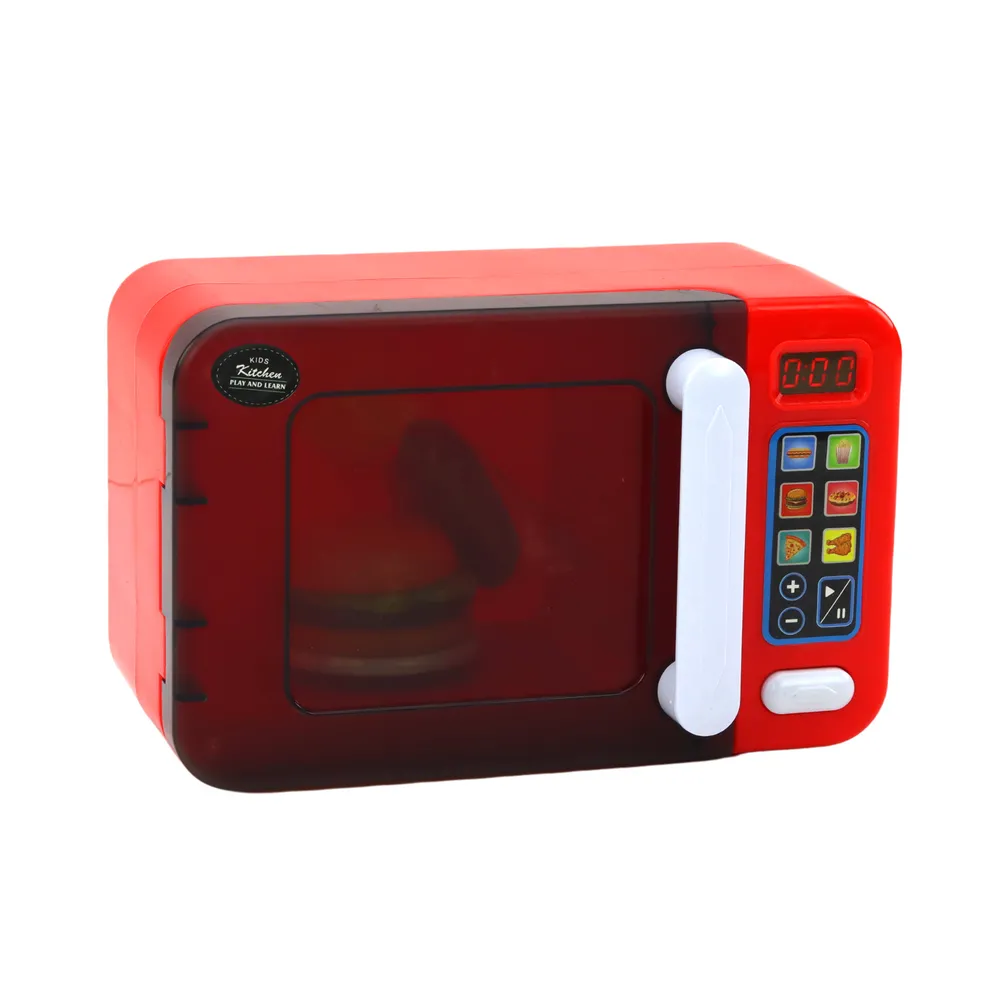 Czerwona kuchenka mikrofalowa dla dzieci z zestawem jedzenia