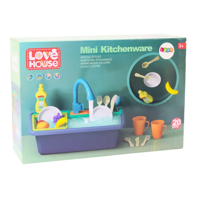Zestaw kuchenny dla dzieci z kranem na baterie oraz kompletem sztućców