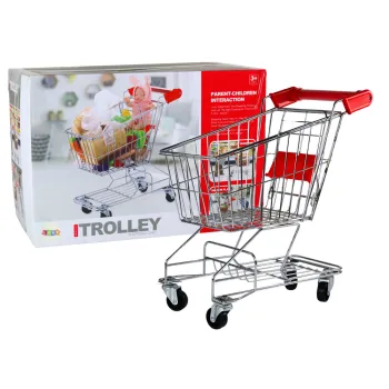 Duży metalowy wózek sklepowy dla dzieci w kolorze srebrnym na białym tle