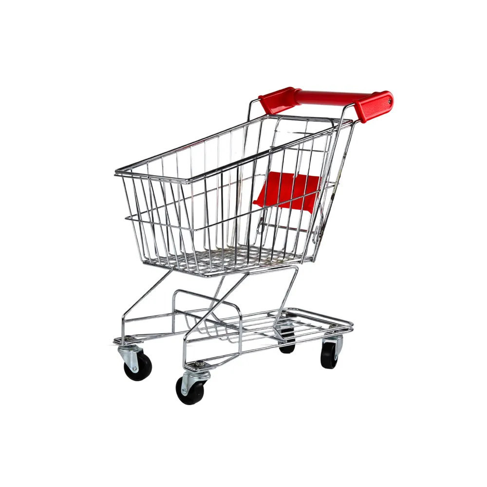 Wózek sklepowy zabawkowy z głębokim koszem i czerwoną rączką dla dzieci