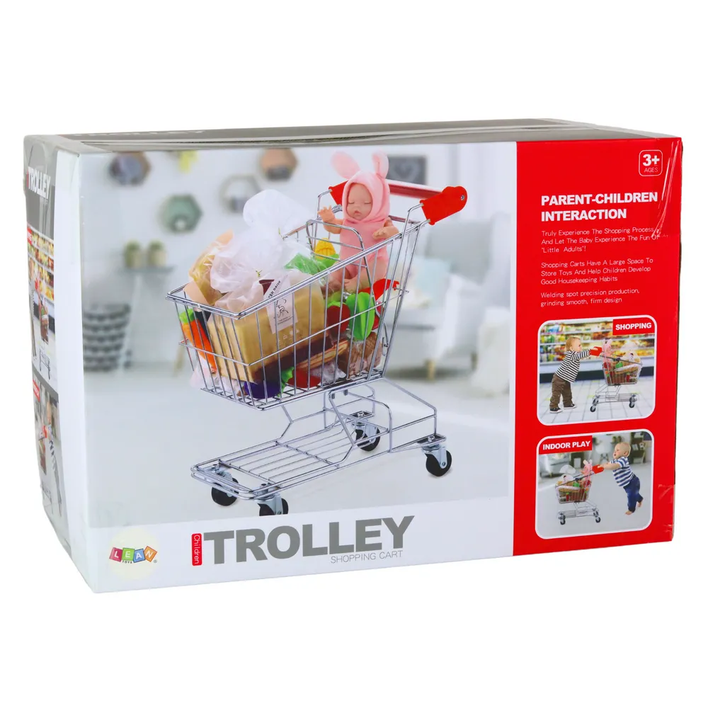 Srebrny wózek zabawkowy dla dzieci przeznaczony do zabawy w sklep