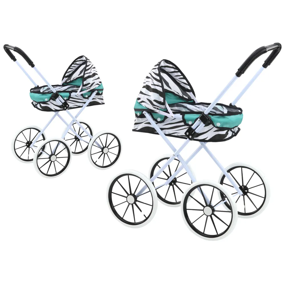 Wózek dla lalek Zebra Turkus z dużymi piankowymi kołami i kolorowym daszkiem