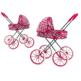 Różowy wózek dla lalek z dużymi kołami i motywem serduszek, składana konstrukcja