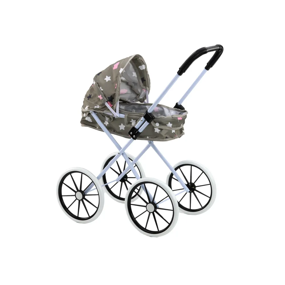 Składany wózek dla lalek w szarej kolorystyce z dużymi kołami i motywem gwiazdek