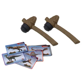 Zestaw z młotkiem i edukacyjnymi kartami dinozaurów