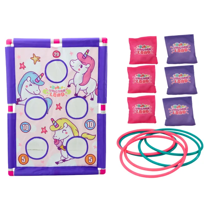 Plansza z motywem jednorożców wraz z obręczami do celowania dla dzieci