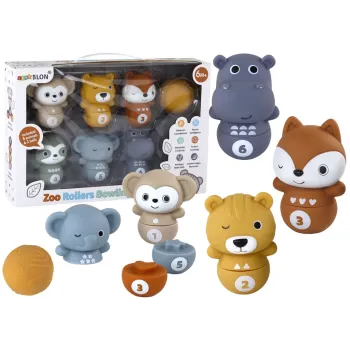 Miękkie kręgle zwierzątka w komplecie dla malucha, widok całości zestawu